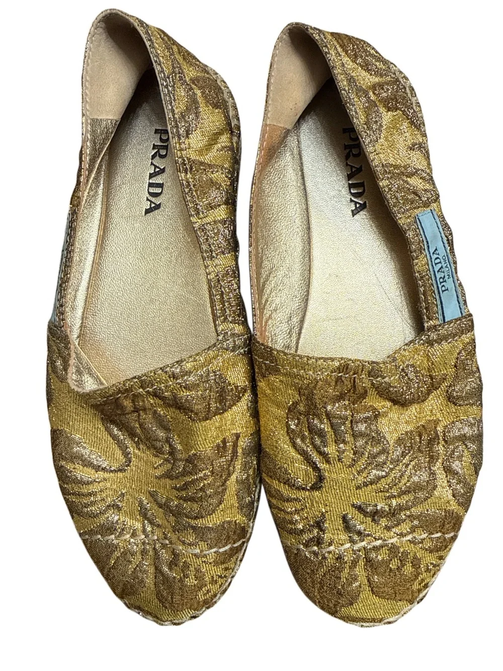 PRADA GOLD BROCADE FABRIC ESPADRILLE FLATS